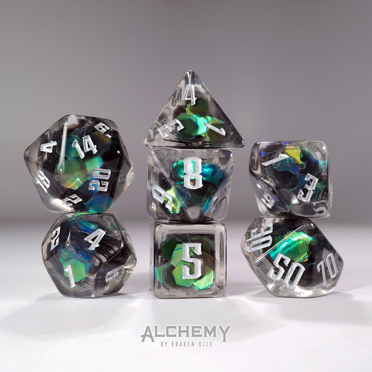 7pc Exotic Green Galaxy  with Silver Ink by Alchemy Dice